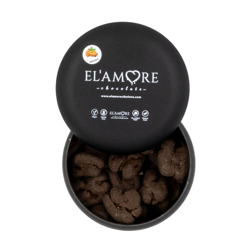 Elamore Şeker İlavesiz, Glütensiz, Vegan Cevizli Bitter Çikolata - Siyah Yuvarlak Metal Kutu, 150 gr - 1