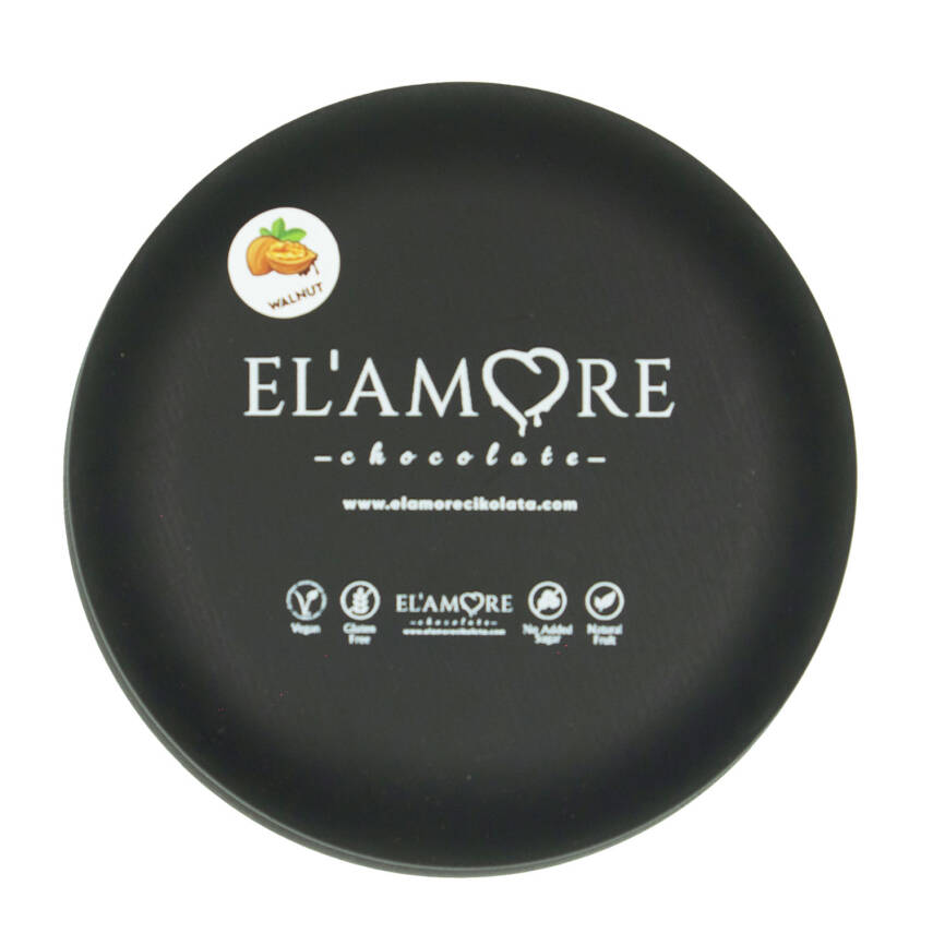 Elamore Şeker İlavesiz, Glütensiz, Vegan Cevizli Bitter Çikolata - Siyah Yuvarlak Metal Kutu, 150 gr - 4