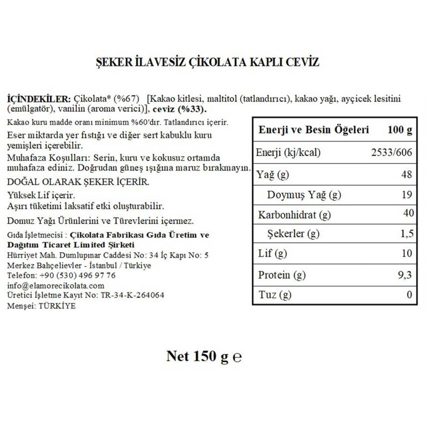 Elamore Şeker İlavesiz, Glütensiz, Vegan Cevizli Bitter Çikolata - Siyah Yuvarlak Metal Kutu, 150 gr - 5