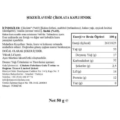 Elamore Şeker İlavesiz, Glütensiz, Vegan Fındıklı Bitter Çikolata - Doypack 50 gr - 4