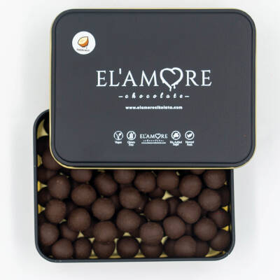 Elamore Şeker İlavesiz, Glütensiz, Vegan Fındıklı Bitter Çikolata - Küçük Kare Metal Kutu,150 gr - Elamore Çikolata