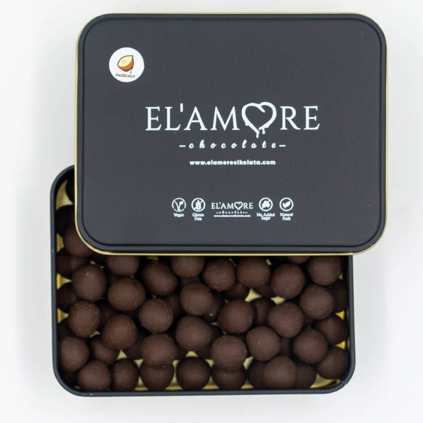 Elamore Şeker İlavesiz, Glütensiz, Vegan Fındıklı Bitter Çikolata - Küçük Kare Metal Kutu,150 gr - 1