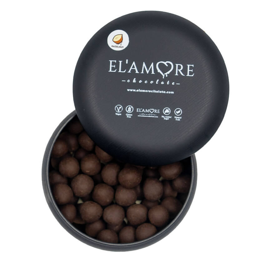 Elamore Şeker İlavesiz, Glütensiz, Vegan Fındıklı Bitter Çikolata - Siyah Yuvarlak Metal Kutu, 150 gr - 1