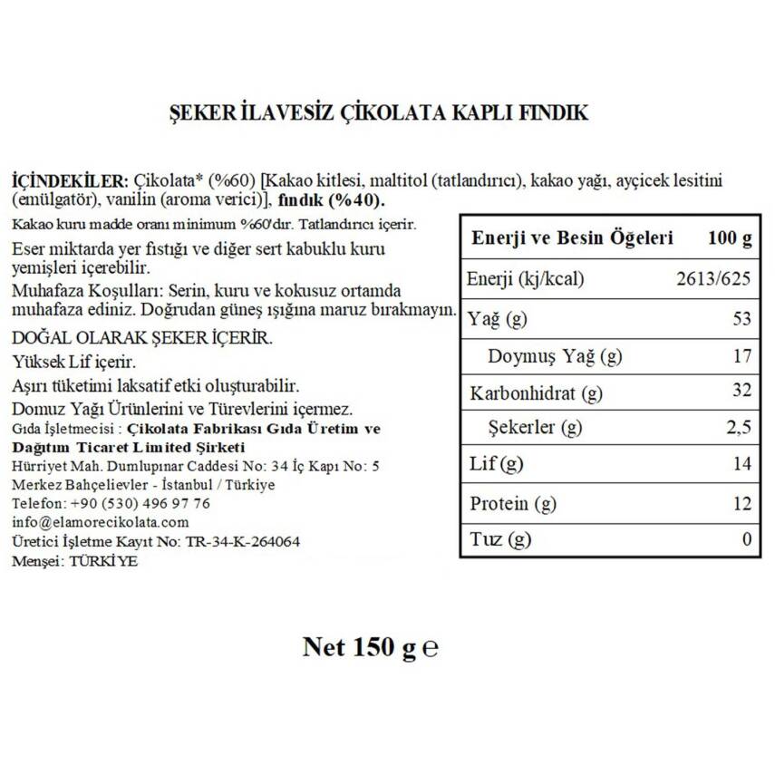 Elamore Şeker İlavesiz, Glütensiz, Vegan Fındıklı Bitter Çikolata - Siyah Yuvarlak Metal Kutu, 150 gr - 5