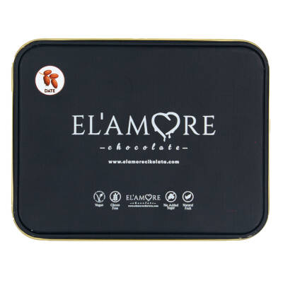 Elamore Şeker İlavesiz, Glütensiz, Vegan Hurmalı Bitter Çikolata - Küçük Kare Metal Kutu,150 gr - 4