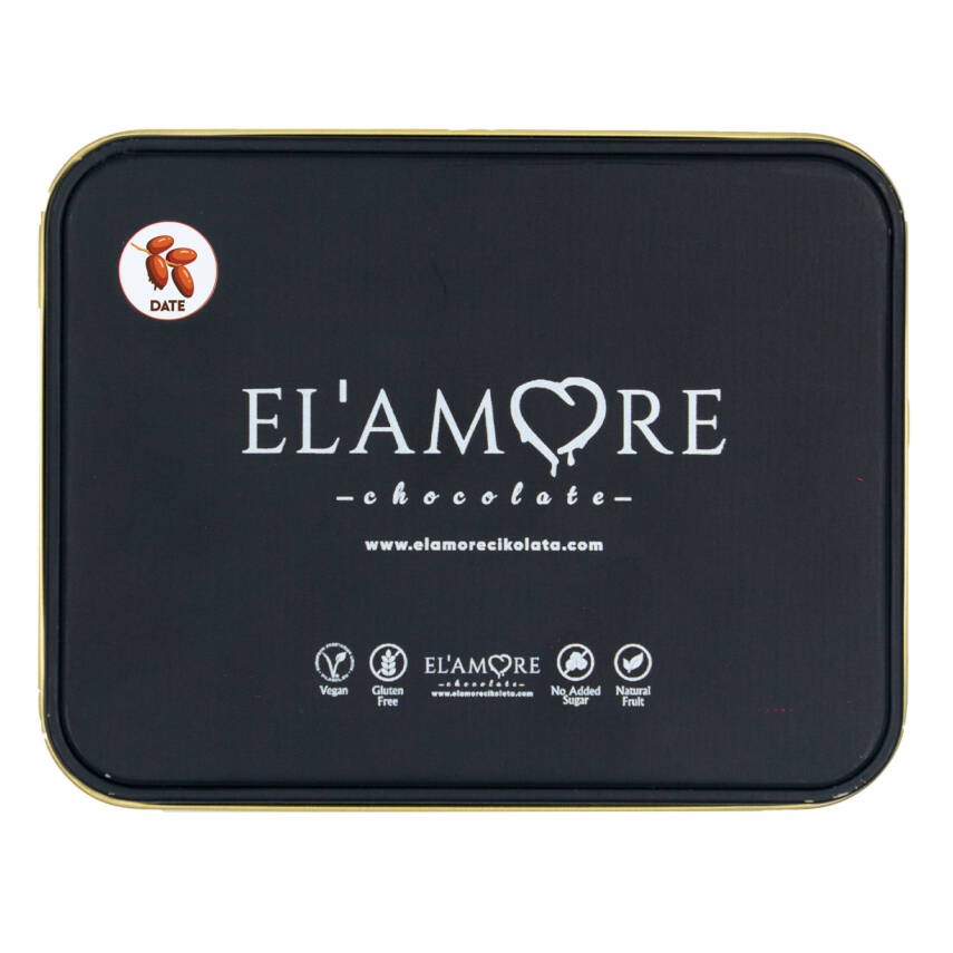 Elamore Şeker İlavesiz, Glütensiz, Vegan Hurmalı Bitter Çikolata - Küçük Kare Metal Kutu,150 gr - 4