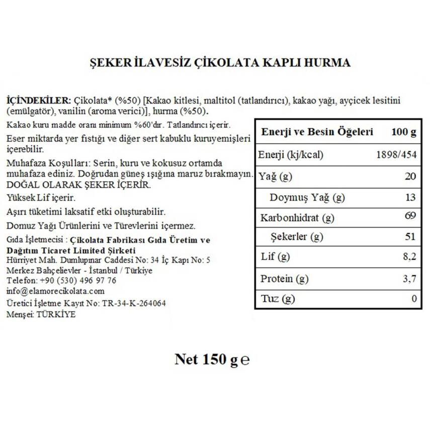 Elamore Şeker İlavesiz, Glütensiz, Vegan Hurmalı Bitter Çikolata - Küçük Kare Metal Kutu,150 gr - 5