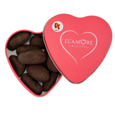 Elamore Şeker İlavesiz, Glütensiz, Vegan Hurmalı Bitter Çikolata - Pembe Küçük Kalp Metal Kutu,80 gr - Elamore Çikolata