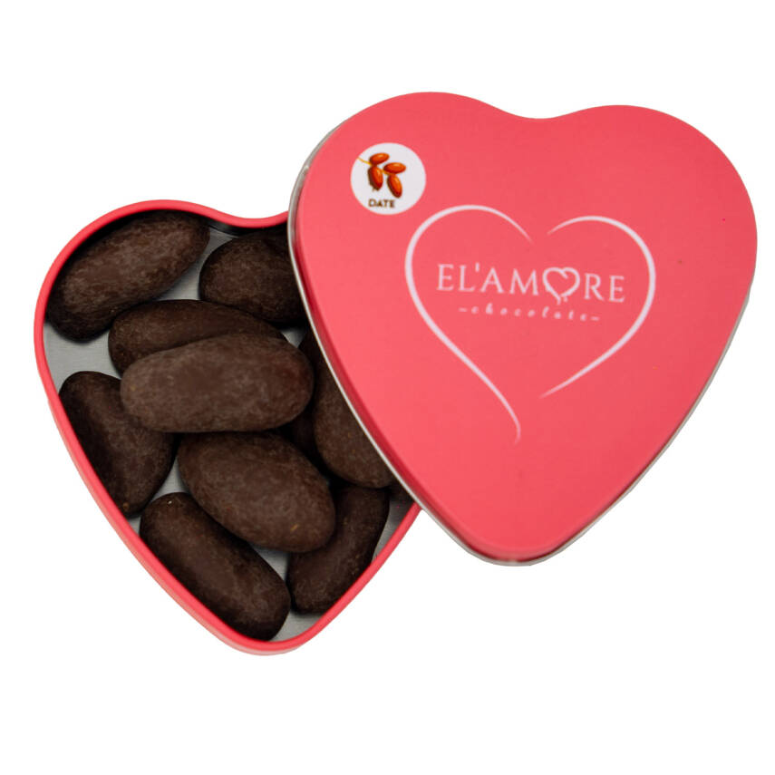 Elamore Şeker İlavesiz, Glütensiz, Vegan Hurmalı Bitter Çikolata - Pembe Küçük Kalp Metal Kutu,80 gr - 1