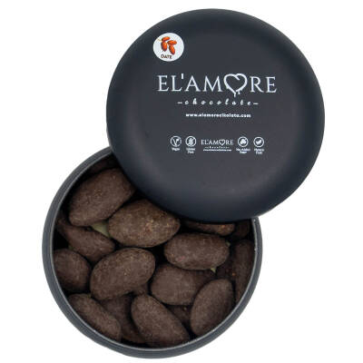 Elamore Şeker İlavesiz, Glütensiz, Vegan Hurmalı Bitter Çikolata - Siyah Yuvarlak Metal Kutu, 150 gr - Elamore Çikolata