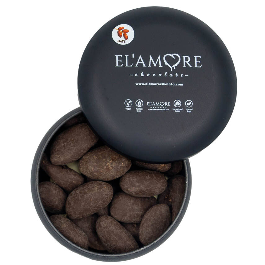 Elamore Şeker İlavesiz, Glütensiz, Vegan Hurmalı Bitter Çikolata - Siyah Yuvarlak Metal Kutu, 150 gr - 1