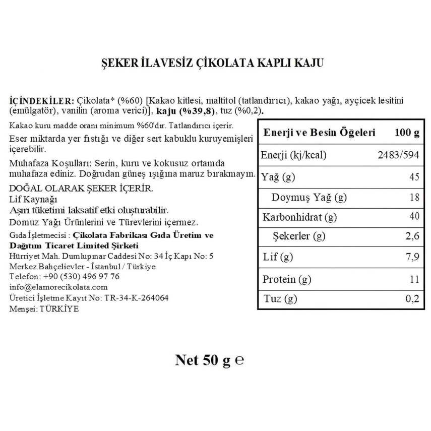 Elamore Şeker İlavesiz, Glütensiz, Vegan Kajulu Bitter Çikolata - Doypack 50 gr - 4