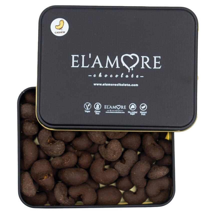 Elamore Şeker İlavesiz, Glütensiz, Vegan Kajulu Bitter Çikolata - Küçük Kare Metal Kutu,150 gr - 1