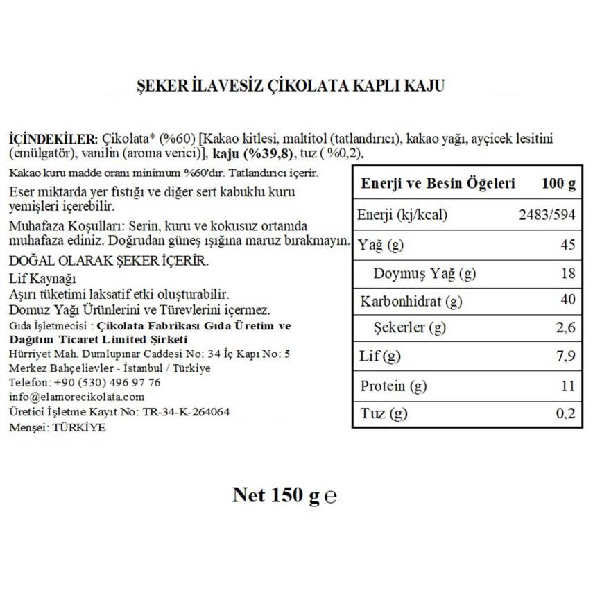 Elamore Şeker İlavesiz, Glütensiz, Vegan Kajulu Bitter Çikolata - Siyah Yuvarlak Metal Kutu, 150 gr - 5