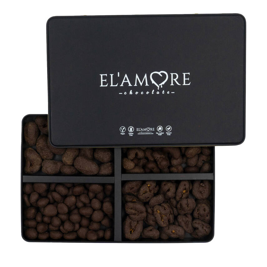 Elamore Şeker İlavesiz, Glütensiz, Vegan Mix Bitter Çikolata - Büyük Metal Kutu,400 gr - 1
