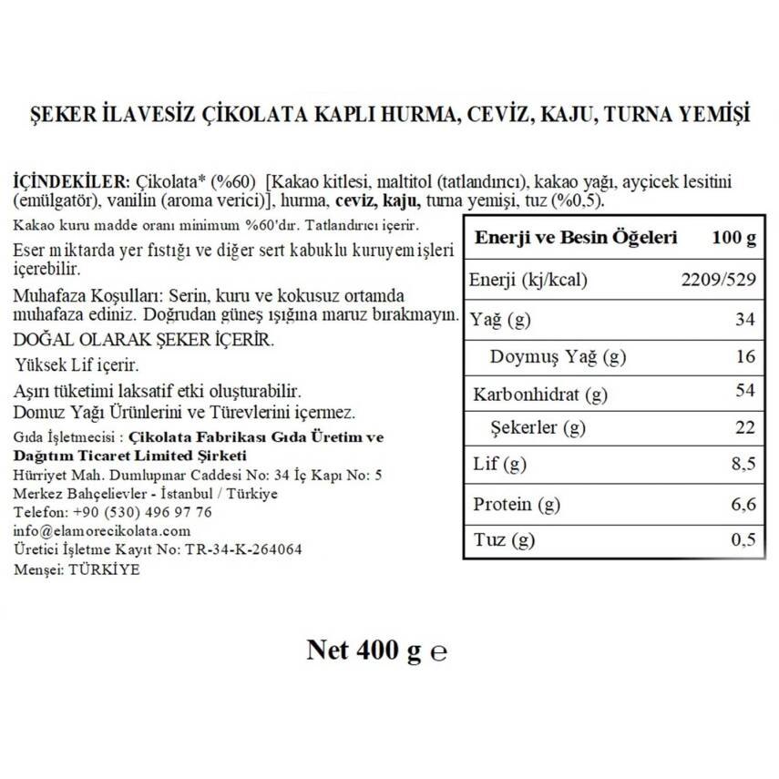 Elamore Şeker İlavesiz, Glütensiz, Vegan Mix Bitter Çikolata - Büyük Metal Kutu,400 gr - 5