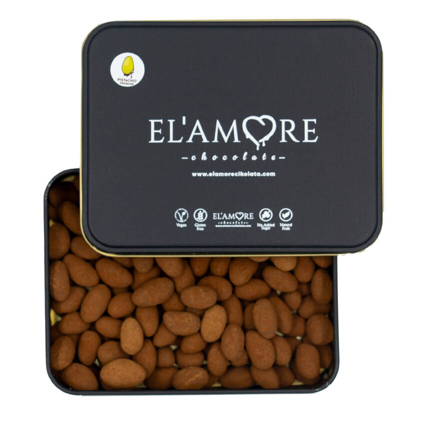 Elamore Şeker İlavesiz, Glütensiz, Vegan Premium Antep Fıstıklı Bitter Çikolata - Küçük Kare Metal Kutu,150 gr - 1