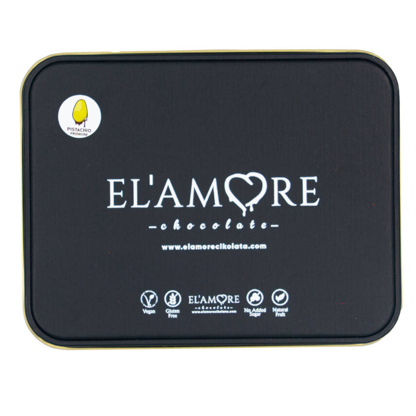 Elamore Şeker İlavesiz, Glütensiz, Vegan Premium Antep Fıstıklı Bitter Çikolata - Küçük Kare Metal Kutu,150 gr - 4
