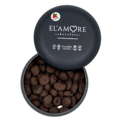 Elamore Şeker İlavesiz, Glütensiz, Vegan Turna Yemişli Bitter Çikolata - Siyah Yuvarlak Metal Kutu, 150 gr - Elamore Çikolata