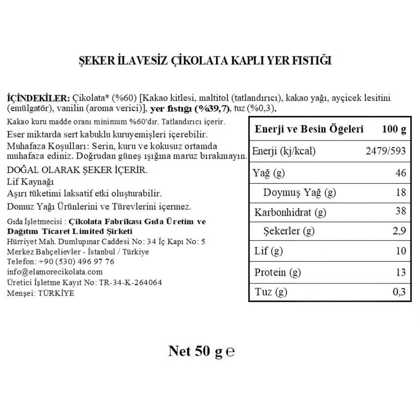 Elamore Şeker İlavesiz, Glütensiz, Vegan Yer Fıstıklı Bitter Çikolata - Doypack 50 gr - 4