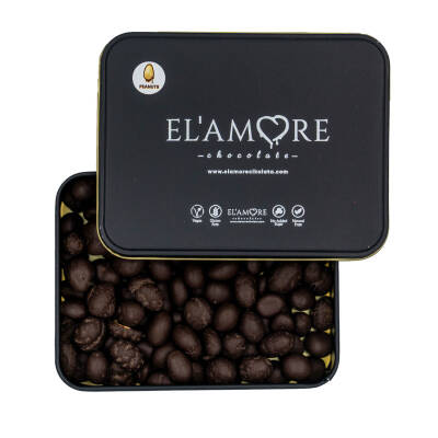 Elamore Şeker İlavesiz, Glütensiz, Vegan Yer Fıstıklı Bitter Çikolata - Küçük Kare Metal Kutu,150 gr - Elamore Çikolata