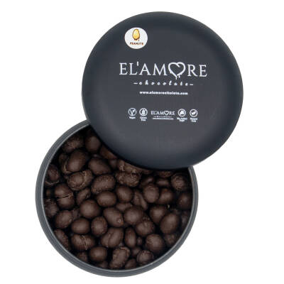 Elamore Şeker İlavesiz, Glütensiz, Vegan Yer Fıstıklı Bitter Çikolata - Siyah Yuvarlak Metal Kutu, 150 gr - Elamore Çikolata