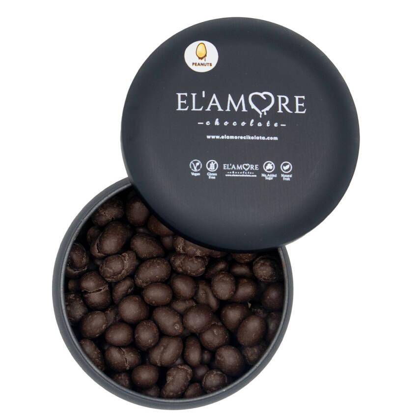 Elamore Şeker İlavesiz, Glütensiz, Vegan Yer Fıstıklı Bitter Çikolata - Siyah Yuvarlak Metal Kutu, 150 gr - 1