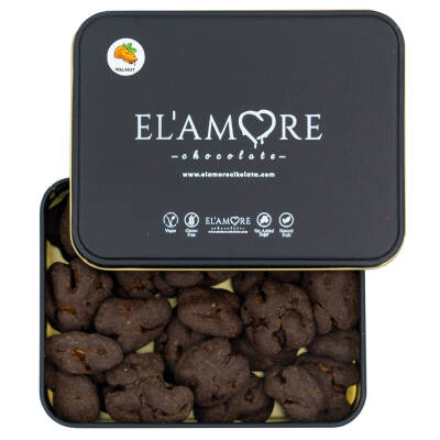 Elamore Şeker İlavesiz, Glütensiz, Vegan Cevizli Bitter Çikolata - Küçük Kare Metal Kutu, 150 gr - Elamore Çikolata